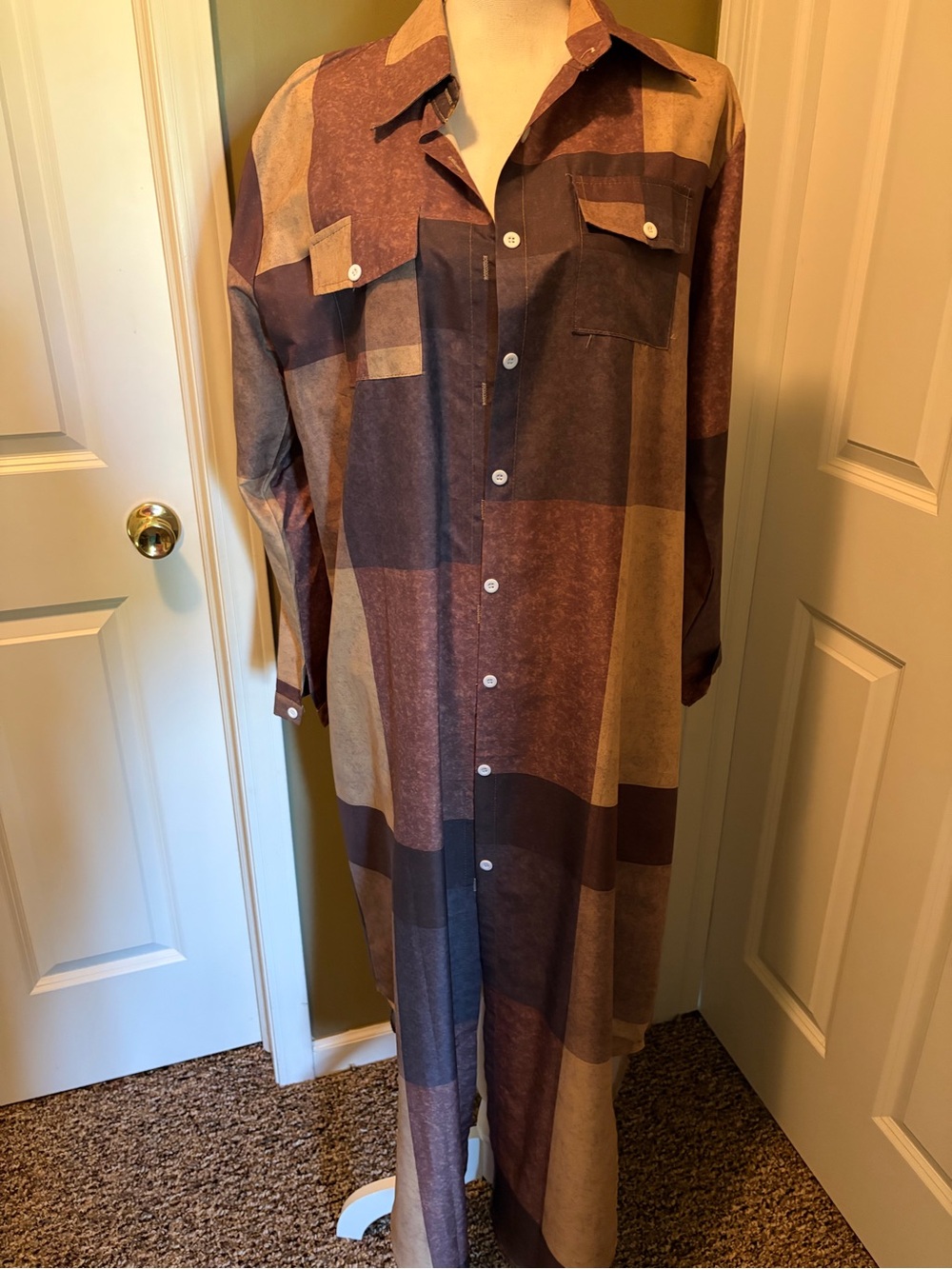 Plaid Long Button-Up Shirt Dress in Brown and Tan